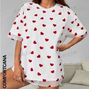 SHEIN Comfortcana Women's Summer Heart Printed Round Neck Drop Shoulder Loose Ca